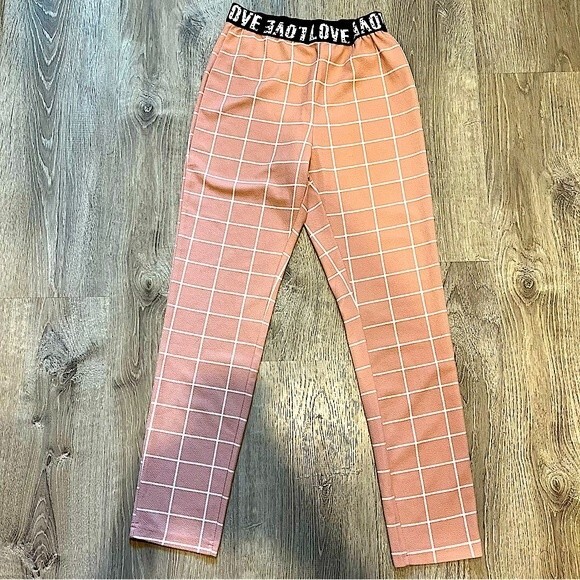 Shein Pink & White Windowpane Plaid LOVE Elastic Waist Pants Size Small - Picture 1 of 5